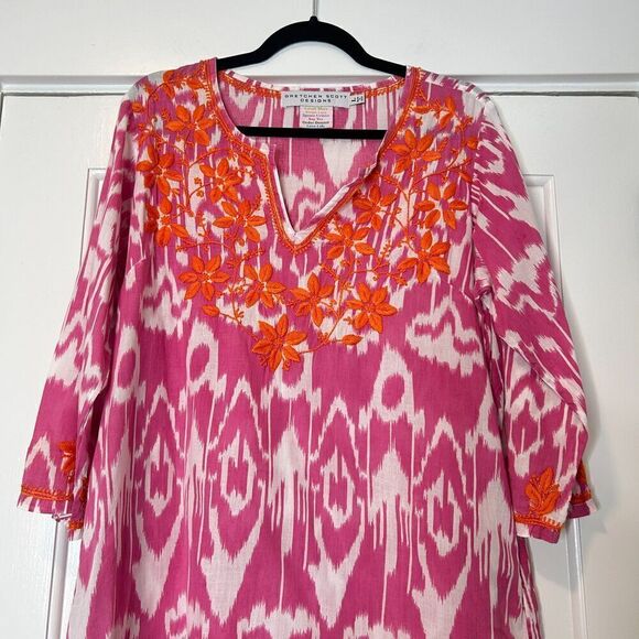 Gretchen Scott Batik Print Tunic Top Dress Pink Orange Embroidered Size Large - Picture 3 of 8